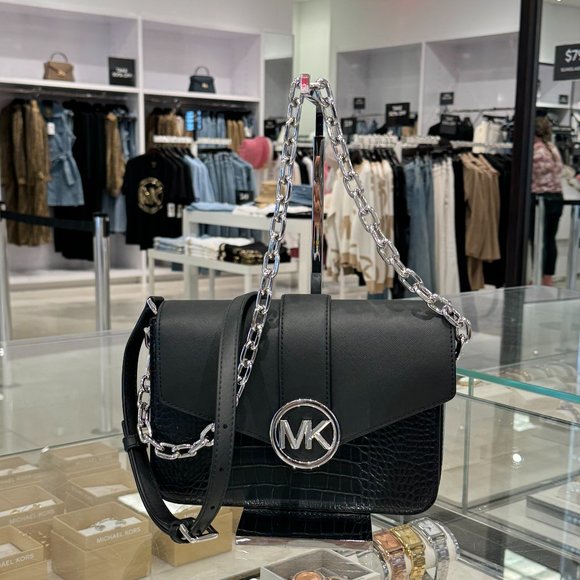Michael Kors Handbags - Michael Kors Carmen MD Flap Shoulder Chain Crossbody Bag Embossed Black/Silver